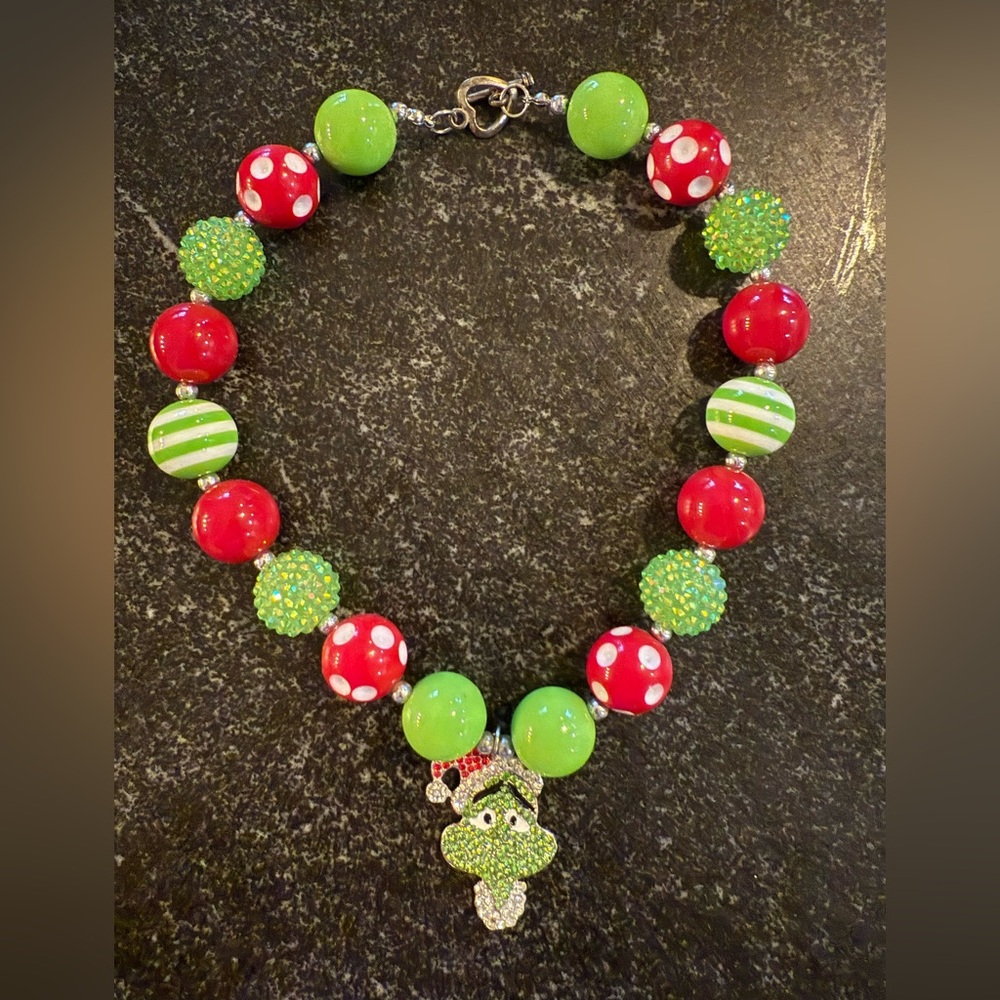 Youth Festive Green and Red Beaded Grinch Necklace